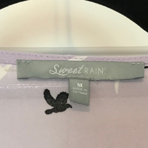 Sweet Rain lilac 3/4 sleeve blouse with black & white bird print (S/M) - Picture 3 of 15